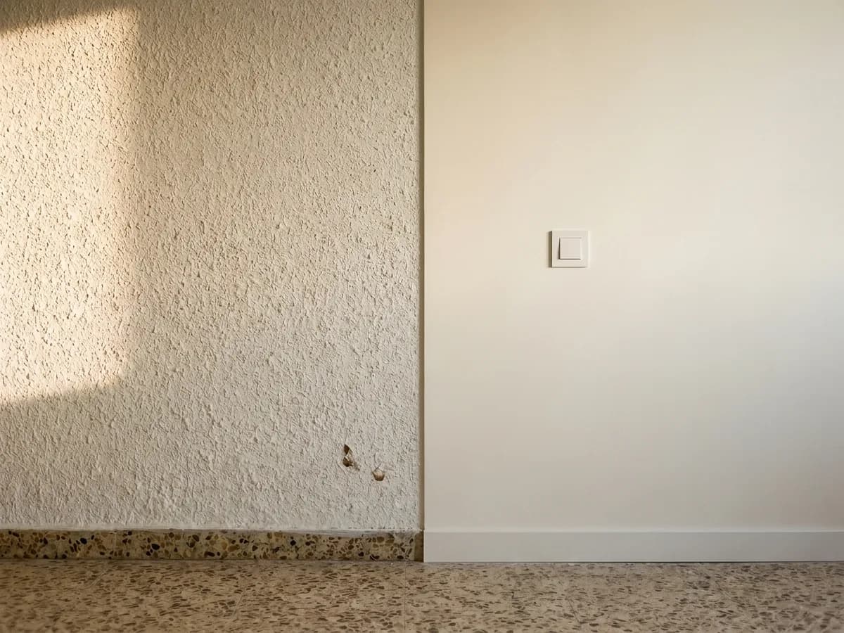 Una pared con gotelé a la izquierda y la misma pared alisada a la derecha, con la luz de la tarde entrando de lado